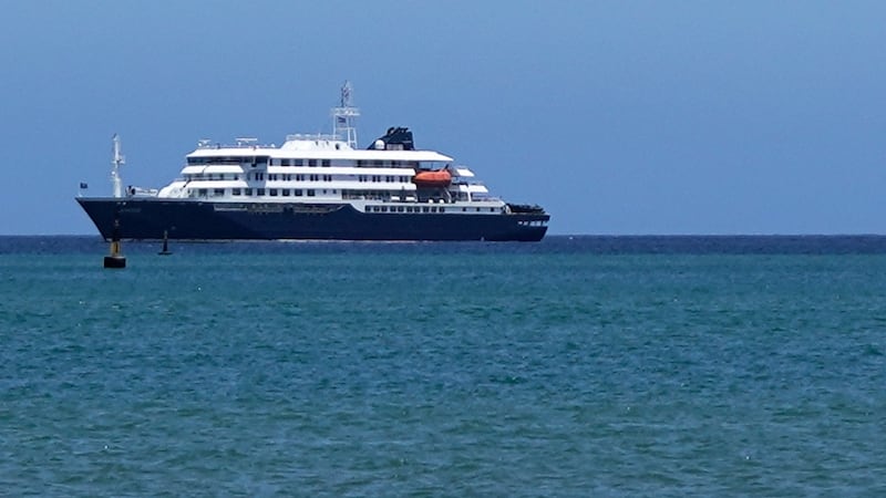 The MV Hondius cruise ship is anchored at a port in Praia, Cape Verde, Monday, May 4, 2026.