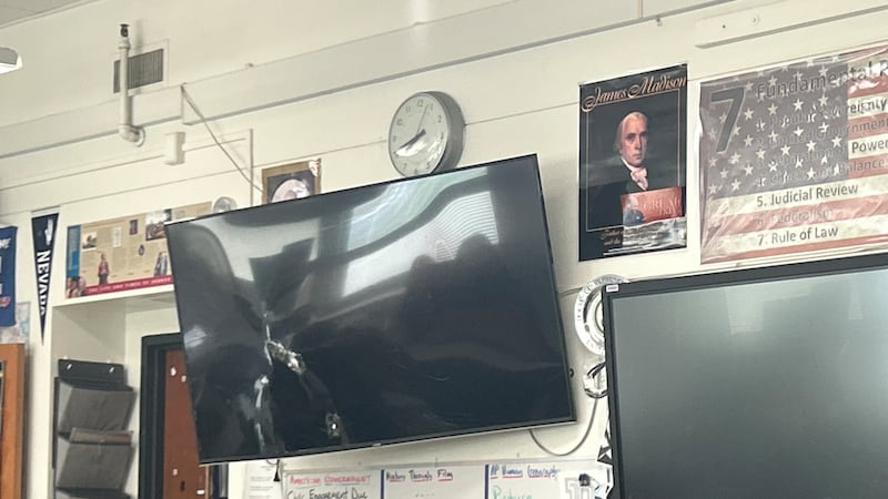 A TV damaged in the break-ins at Reno High School
