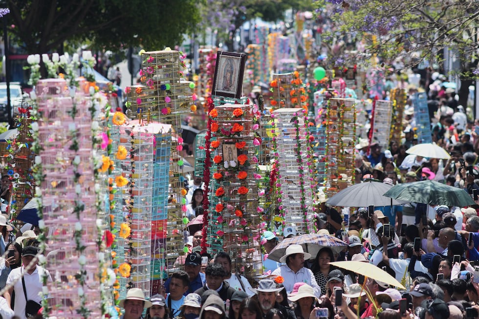 Personas caminan con jaulas decoradas para aves durante la peregrinación actual de pajareros...