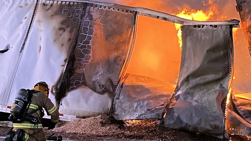 The National Park Service released this photograph of a truck carrying chickpeas burning in...