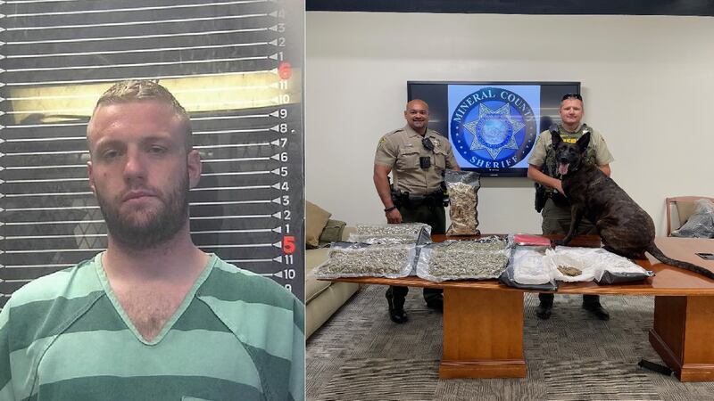 Samuel Chase (left) Mineral County deputies and K9 Nora with confiscated narcotics