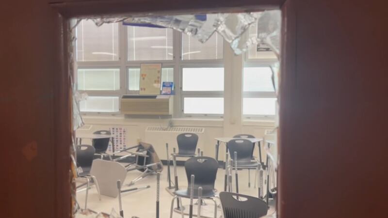 Broken class and damaged classroom at Reno High resulting from a May 22, 2025 vandalism incident